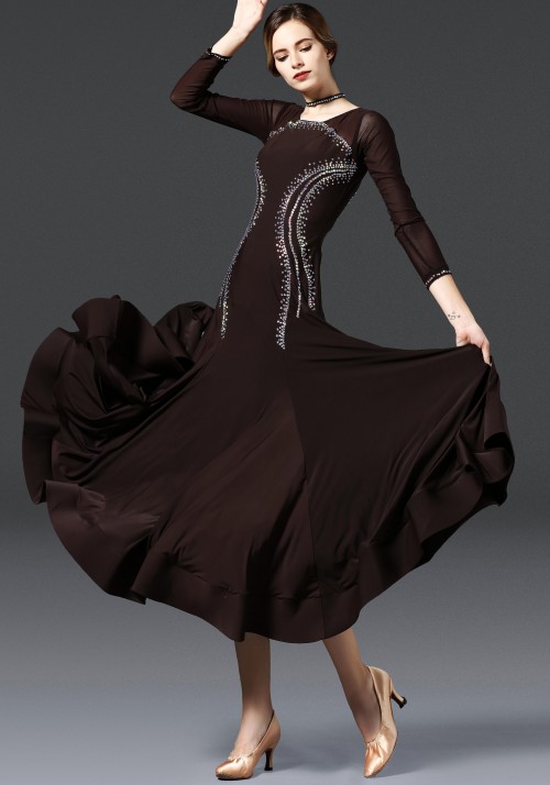 Chocolate with Back Opening Luxury Crepe Ballroom Smooth Practice Dance Dress