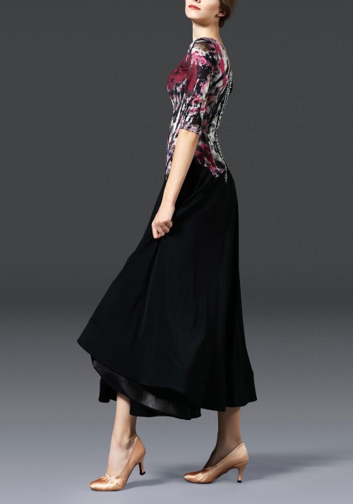 Black Floral Pattern Ballroom with Slit Smooth Practice Dance Dress