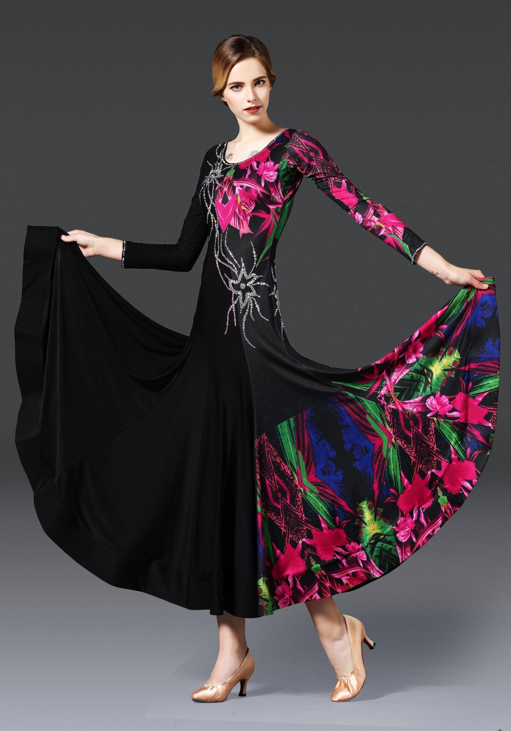 Black Floral Pattern Ballroom Smooth Practice Dance Dress