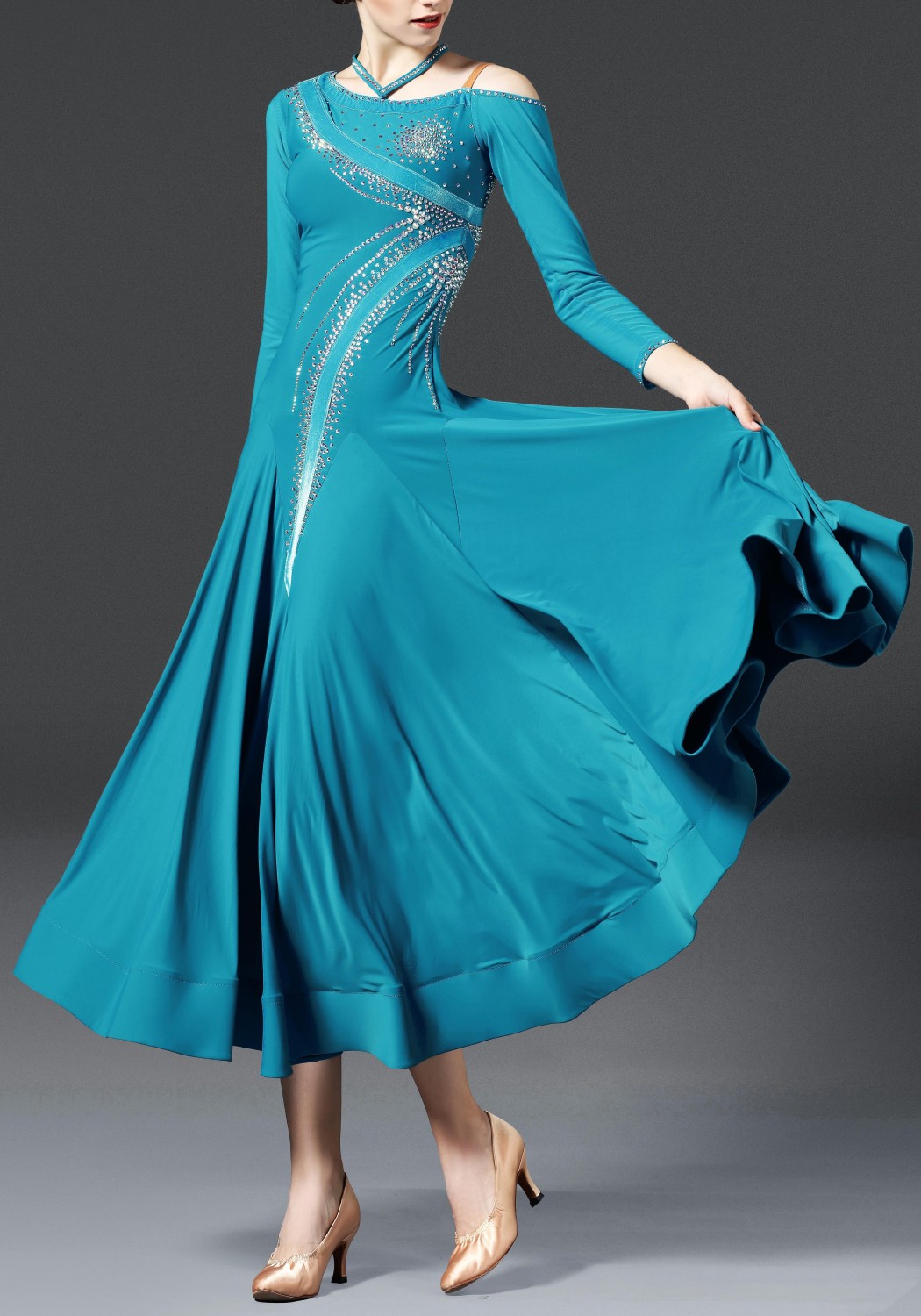 Luxury Crepe Turquoise Ballroom Smooth Practice Dance Dress