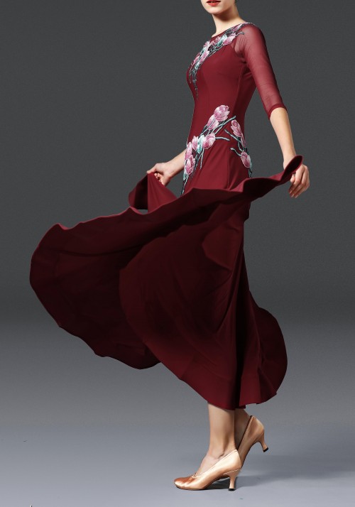 Burgundy Floral Luxury Crepe Ballroom Smooth Practice Dance Dress