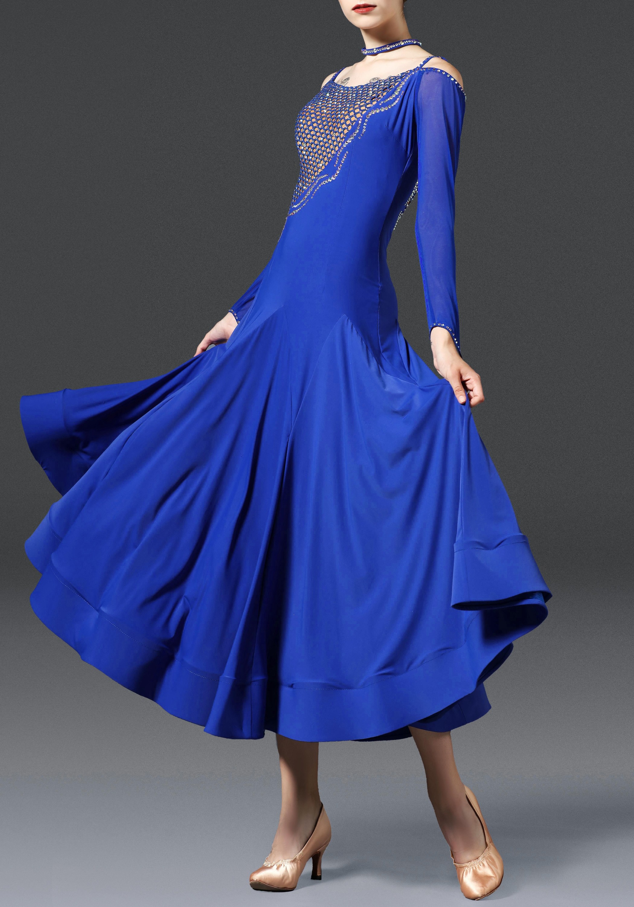 Royal Blue Luxury Crepe with Lace Ballroom Smooth Practice Dance Dress