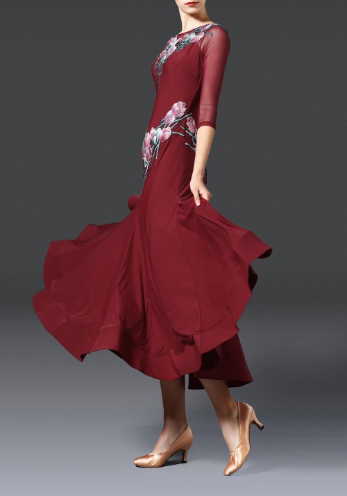 Burgundy Floral Luxury Crepe Ballroom Smooth Practice Dance Dress