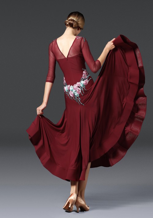 Burgundy Floral Luxury Crepe Ballroom Smooth Practice Dance Dress