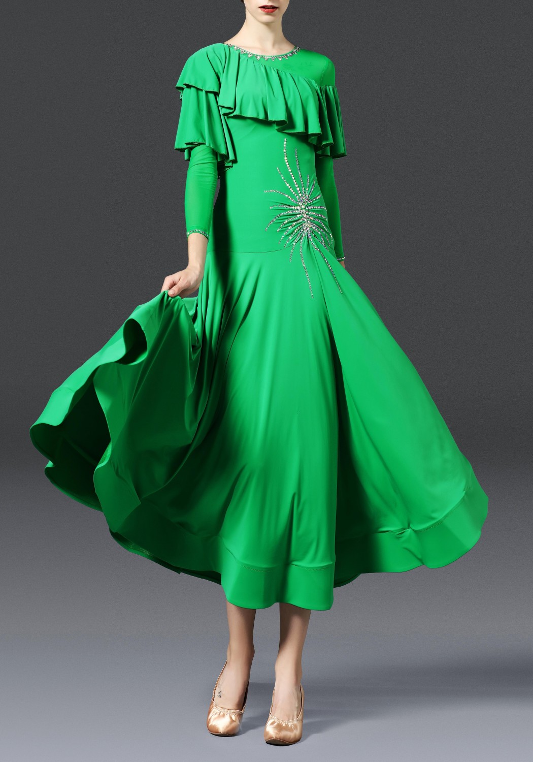 Green Luxury Crepe with Ruffled Ballroom Smooth Practice Dance Dress