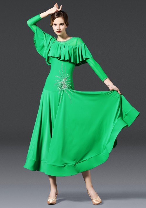 Green Luxury Crepe with Ruffled Ballroom Smooth Practice Dance Dress