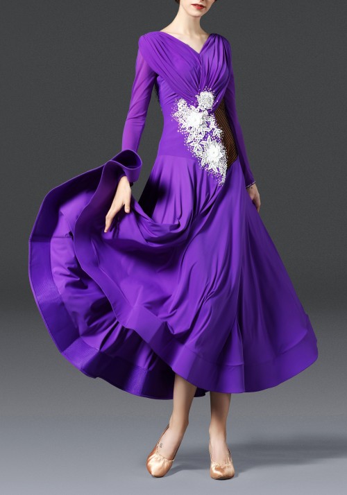 Royal Purple with White Flower Ballroom Smooth Practice Dance Dress