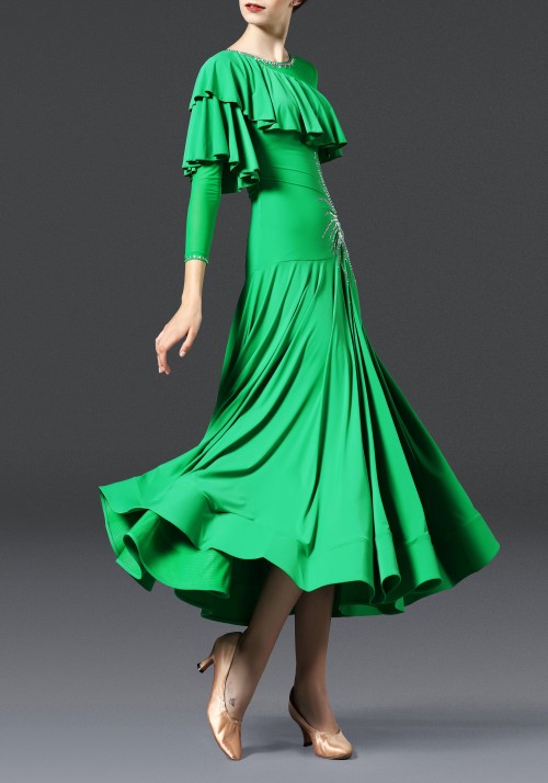 Green Luxury Crepe with Ruffled Ballroom Smooth Practice Dance Dress