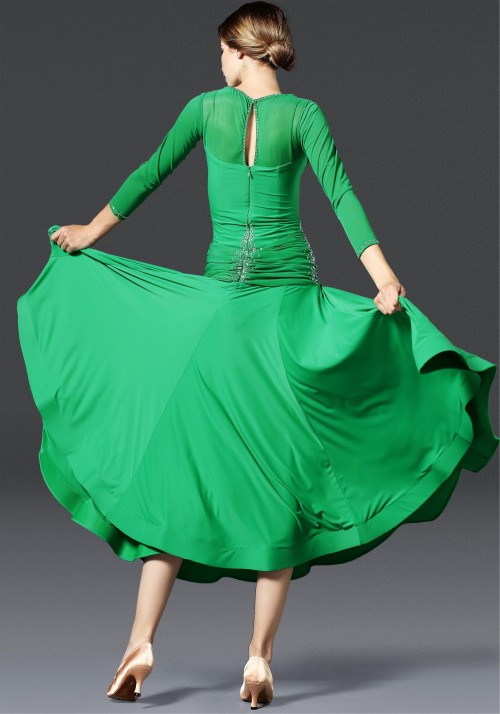 Green Luxury Crepe Ruffled with Slit Lace Ballroom Smooth Practice Dance Dress