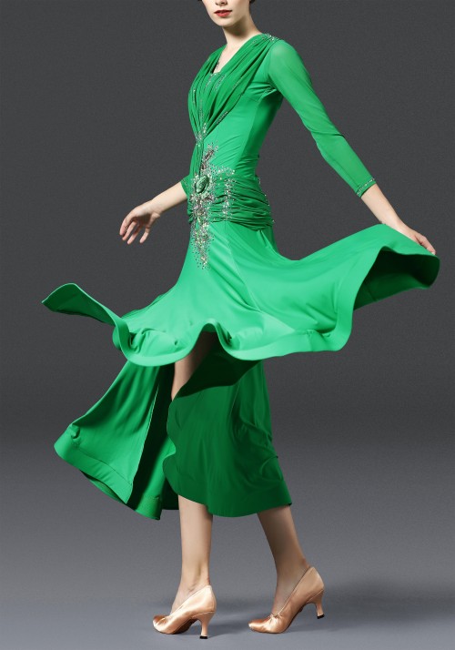 Green Luxury Crepe Ruffled with Slit Lace Ballroom Smooth Practice Dance Dress