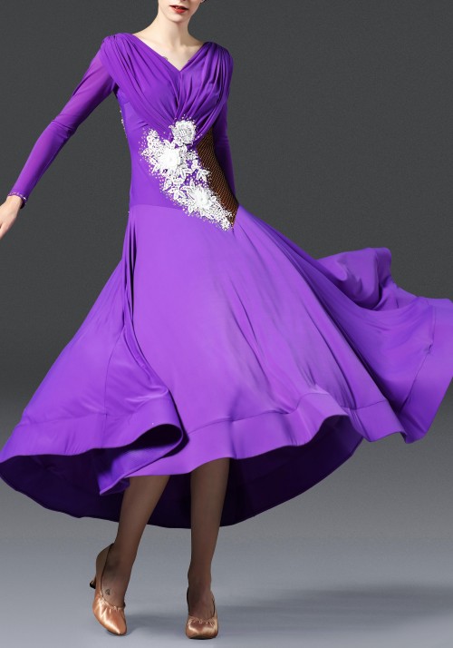 Royal Purple with White Flower Ballroom Smooth Practice Dance Dress