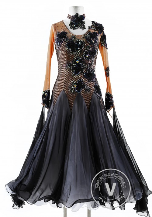 Black Florals on Netting Ballroom Competition Dance Dress