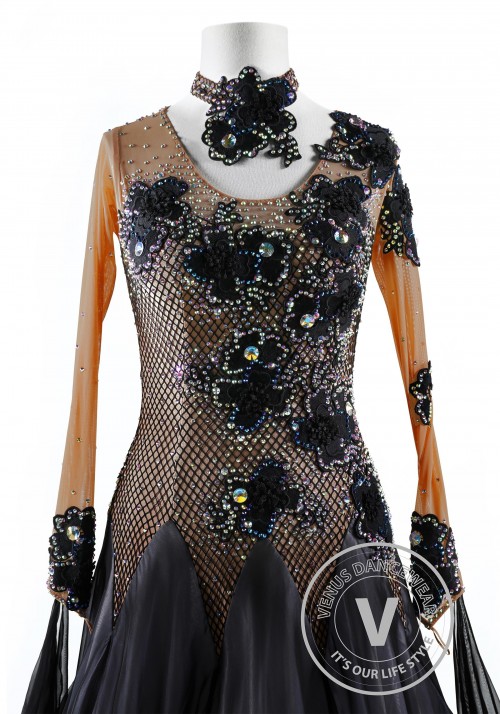 Black Florals on Netting Ballroom Competition Dance Dress