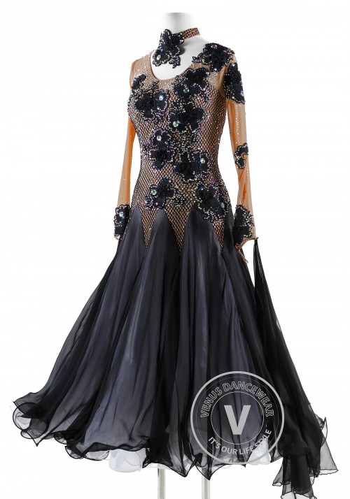 Black Florals on Netting Ballroom Competition Dance Dress