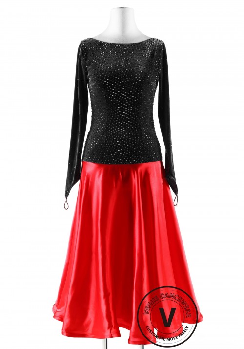 Dark Gray Velvet and Red Silk Skirt Ballroom Competition Dance Dress