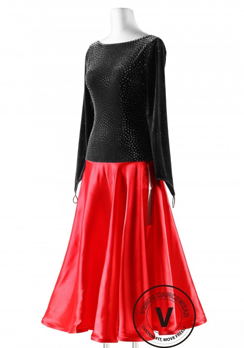 Dark Gray Velvet and Red Silk Skirt Ballroom Competition Dance Dress