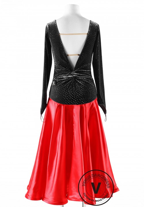 Dark Gray Velvet and Red Silk Skirt Ballroom Competition Dance Dress