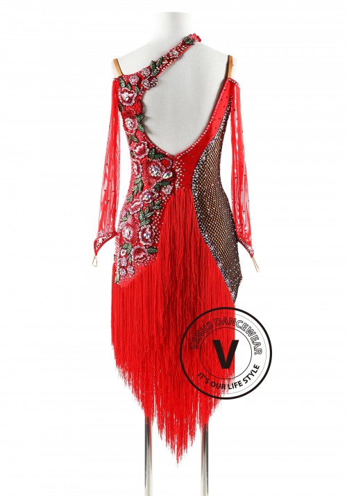 Halter Neck Fishnetting and fringe Latin Rhythm Competition Dance Dress