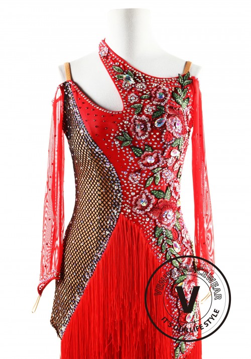 Halter Neck Fishnetting and fringe Latin Rhythm Competition Dance Dress