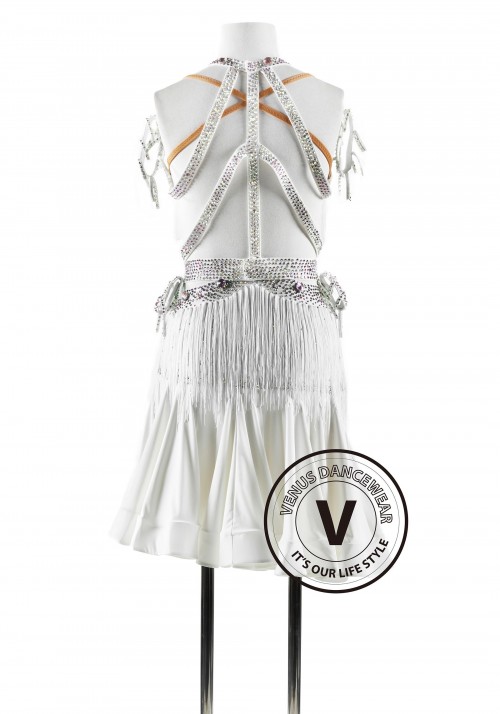 Halter Neck White Color Fringe Latin Rhythm Competition Dance Dress