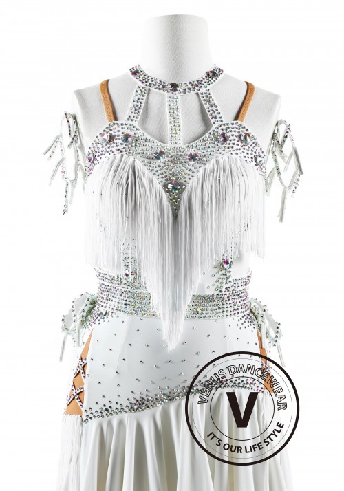 Halter Neck White Color Fringe Latin Rhythm Competition Dance Dress