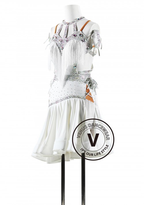 Halter Neck White Color Fringe Latin Rhythm Competition Dance Dress