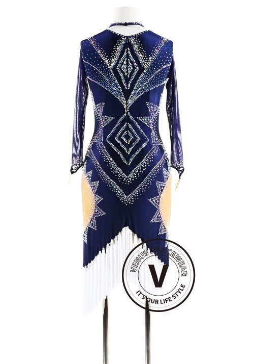 Dark Blue White Fringe Latin Rhythm Competition Dance Dress