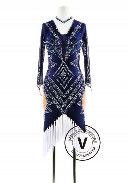 Dark Blue White Fringe Latin Rhythm Competition Dance Dress