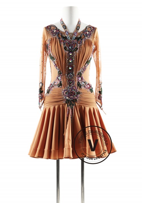 Dark Brown with Fuschia Crystals Latin Rhythm Competition Dance Dress