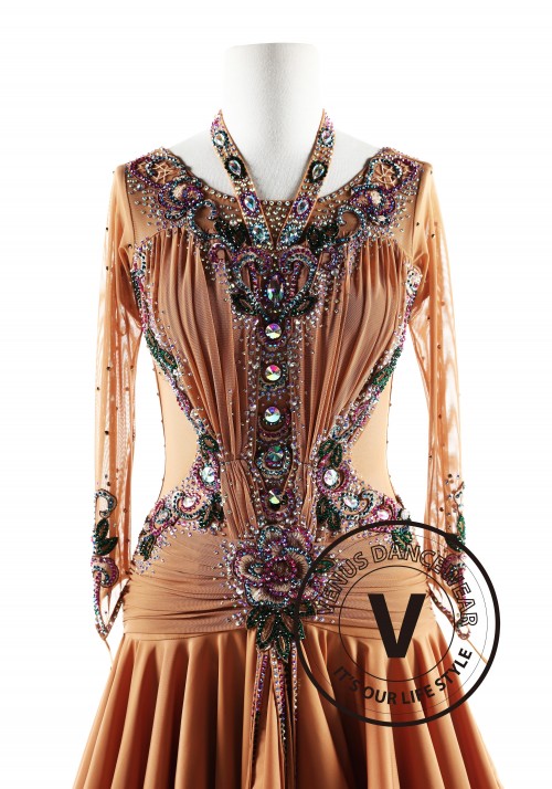 Dark Brown with Fuschia Crystals Latin Rhythm Competition Dance Dress