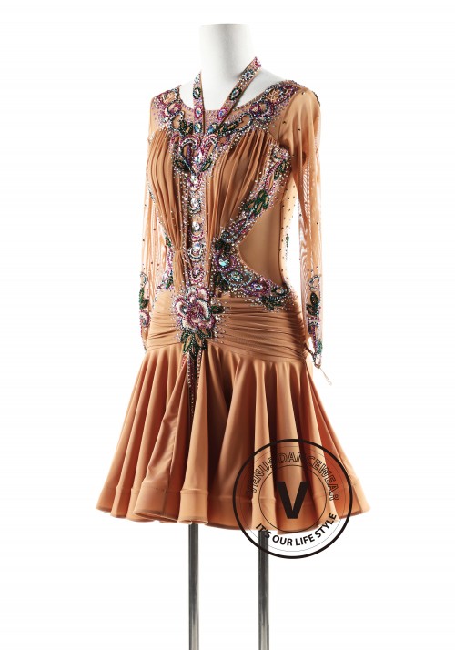 Dark Brown with Fuschia Crystals Latin Rhythm Competition Dance Dress