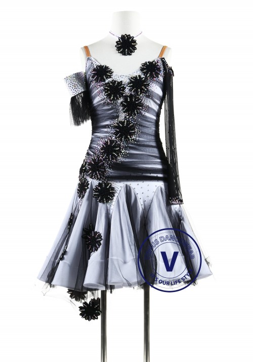 White and Black Appliques Latin Rhythm Competition Dance Dress