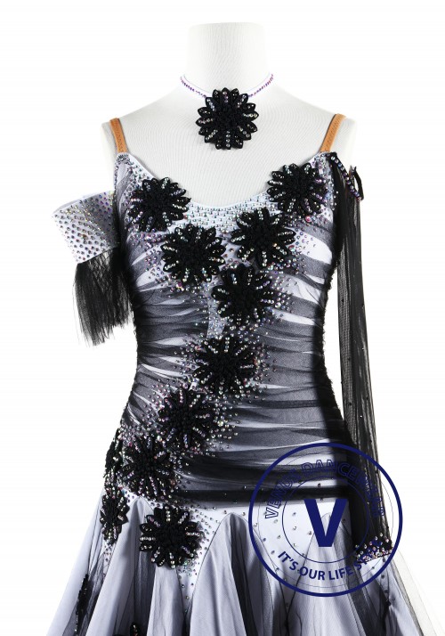 White and Black Appliques Latin Rhythm Competition Dance Dress