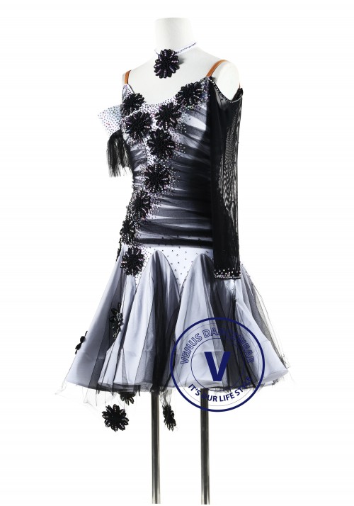 White and Black Appliques Latin Rhythm Competition Dance Dress