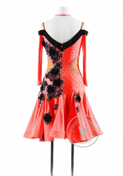 Coral Red with Black Appliques Latin Rhythm Competition Dance Dress