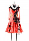 Coral Red with Black Appliques Latin Rhythm Competition Dance Dress