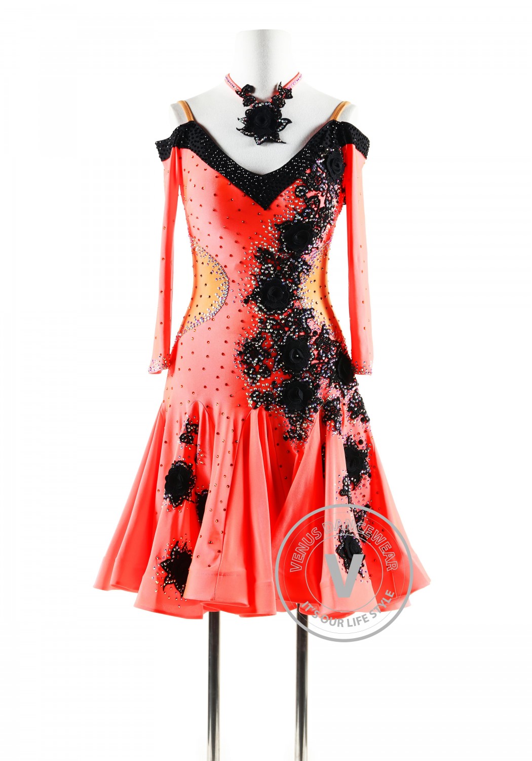 Coral Red with Black Appliques Latin Rhythm Competition Dance Dress
