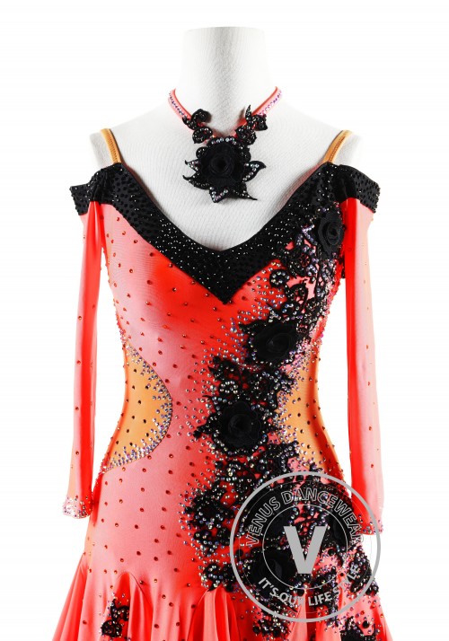 Coral Red with Black Appliques Latin Rhythm Competition Dance Dress