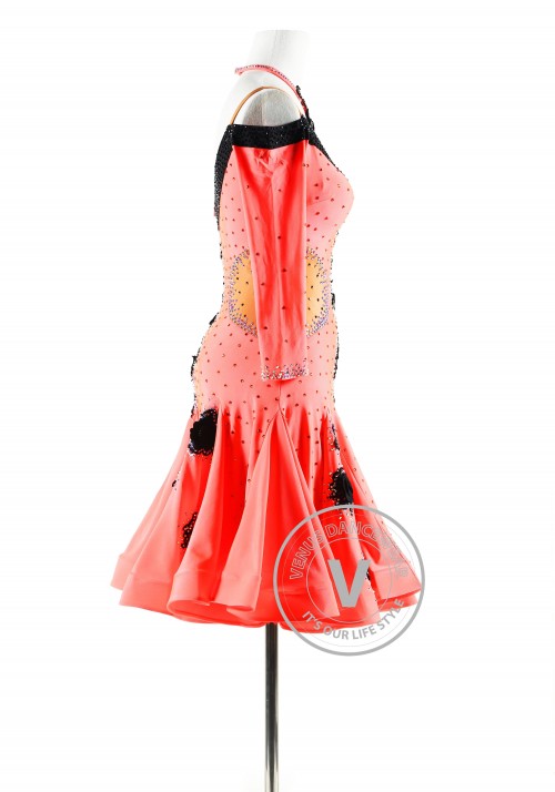 Coral Red with Black Appliques Latin Rhythm Competition Dance Dress