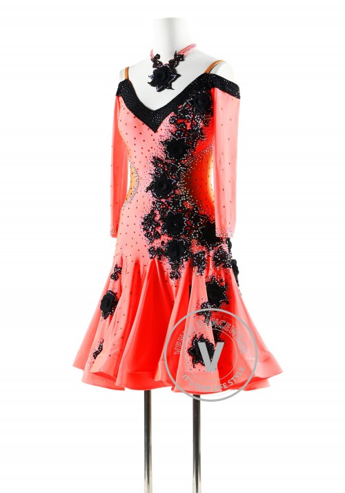 Coral Red with Black Appliques Latin Rhythm Competition Dance Dress