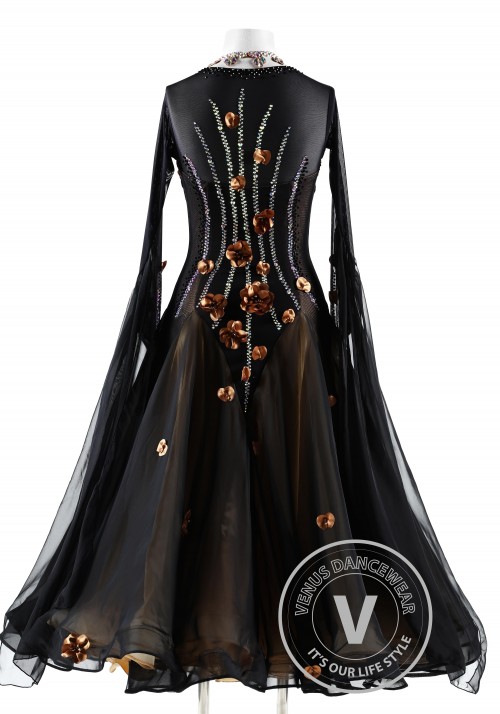 Black with Caramel Floral Ballroom Smooth Competition Dance Dress