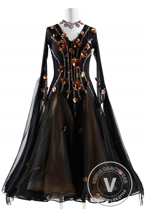 Black with Caramel Floral Ballroom Smooth Competition Dance Dress