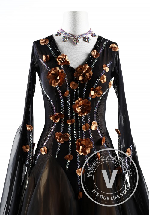 Black with Caramel Floral Ballroom Smooth Competition Dance Dress