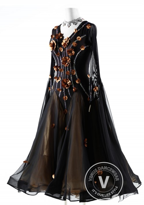 Black with Caramel Floral Ballroom Smooth Competition Dance Dress