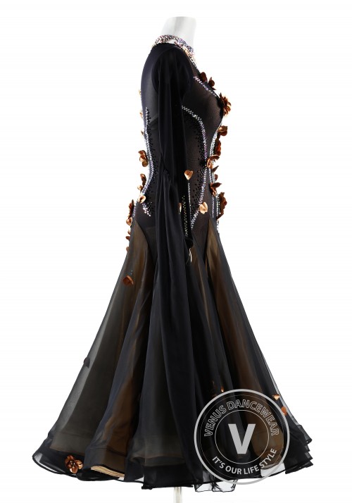 Black with Caramel Floral Ballroom Smooth Competition Dance Dress