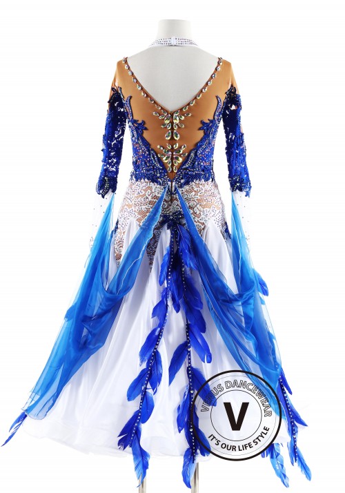 Blue and White Lace Feather Ballroom Smooth Competition Dance Dress