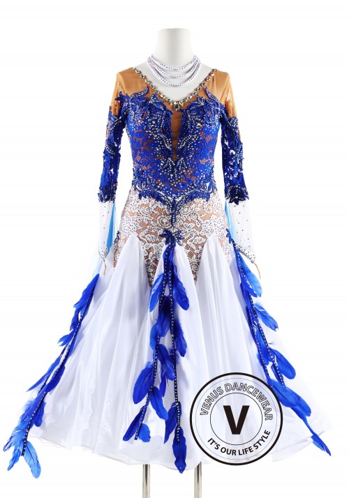 Blue and White Lace Feather Ballroom Smooth Competition Dance Dress
