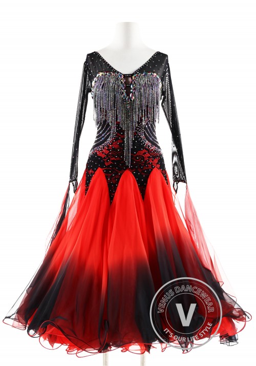 Shading Black to Red with Crystals beadings Ballroom Smooth Competition Dance Dress