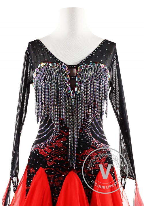 Shading Black to Red with Crystals beadings Ballroom Smooth Competition Dance Dress