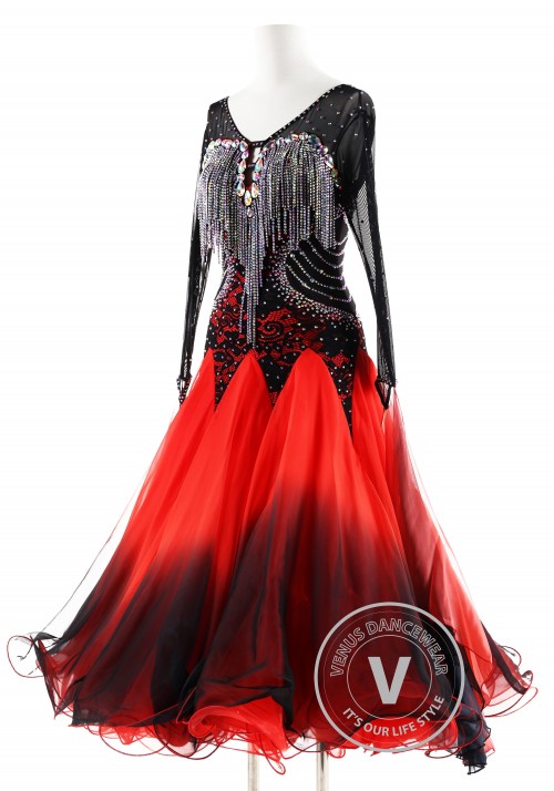 Shading Black to Red with Crystals beadings Ballroom Smooth Competition Dance Dress